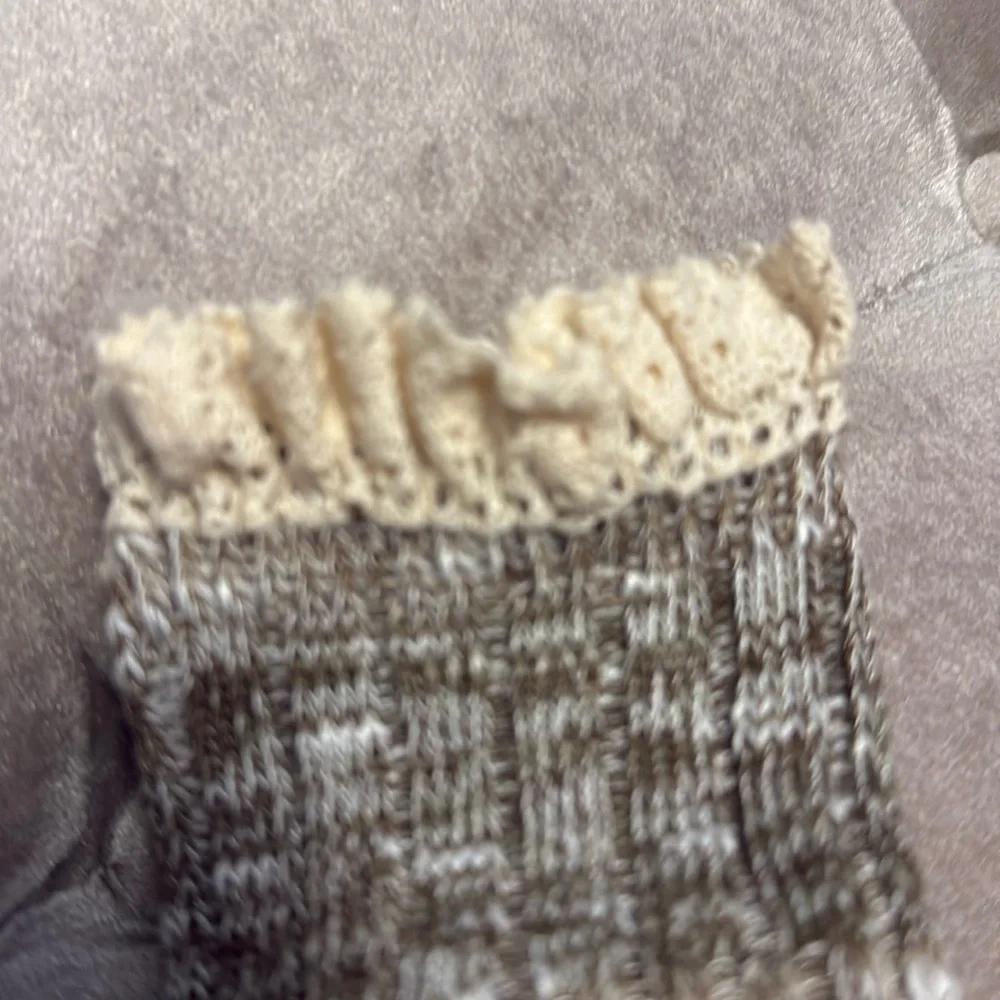 Crochet edge boot socks, light brown with cream lace, new